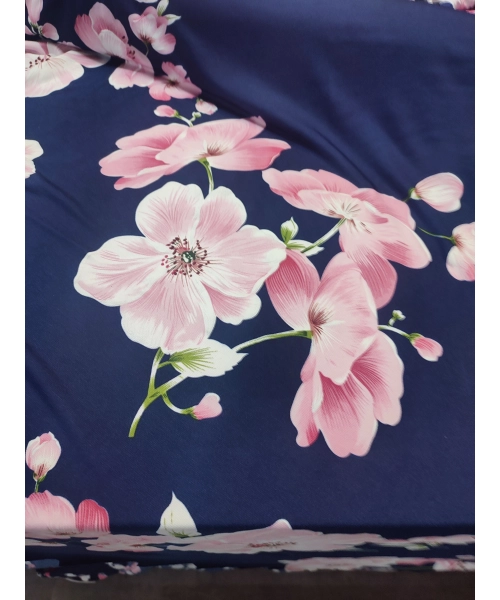 Granatowa elastyczna dzianina Jersey - różowe orchidee